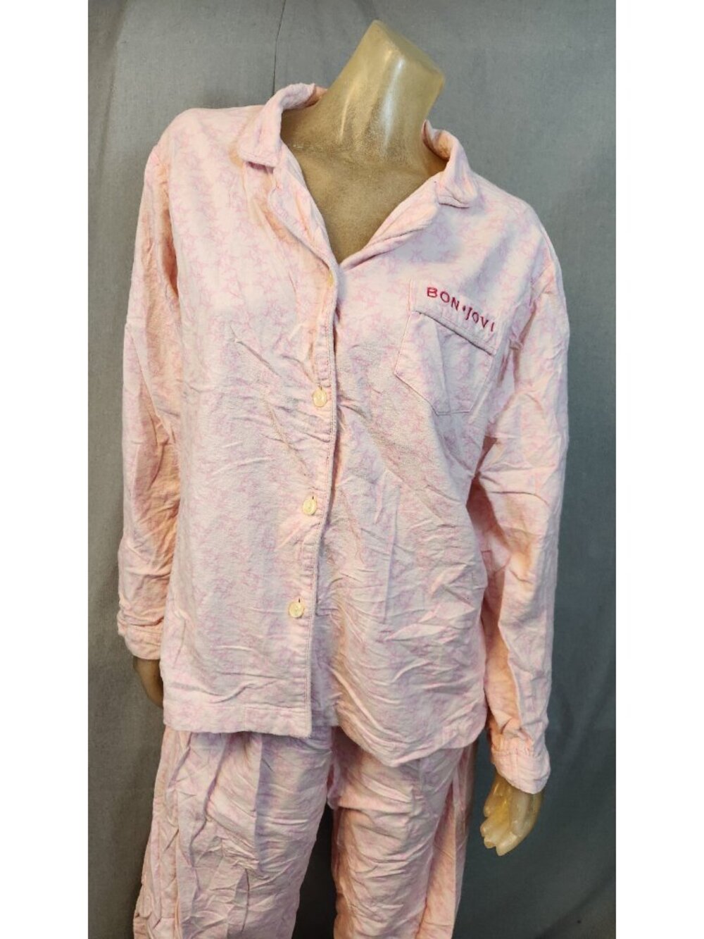 Sleeping With Bon Jovi Pink Pajama Set Collared Top Pants Intimates XXL XXLARGE - Picture 2 of 10